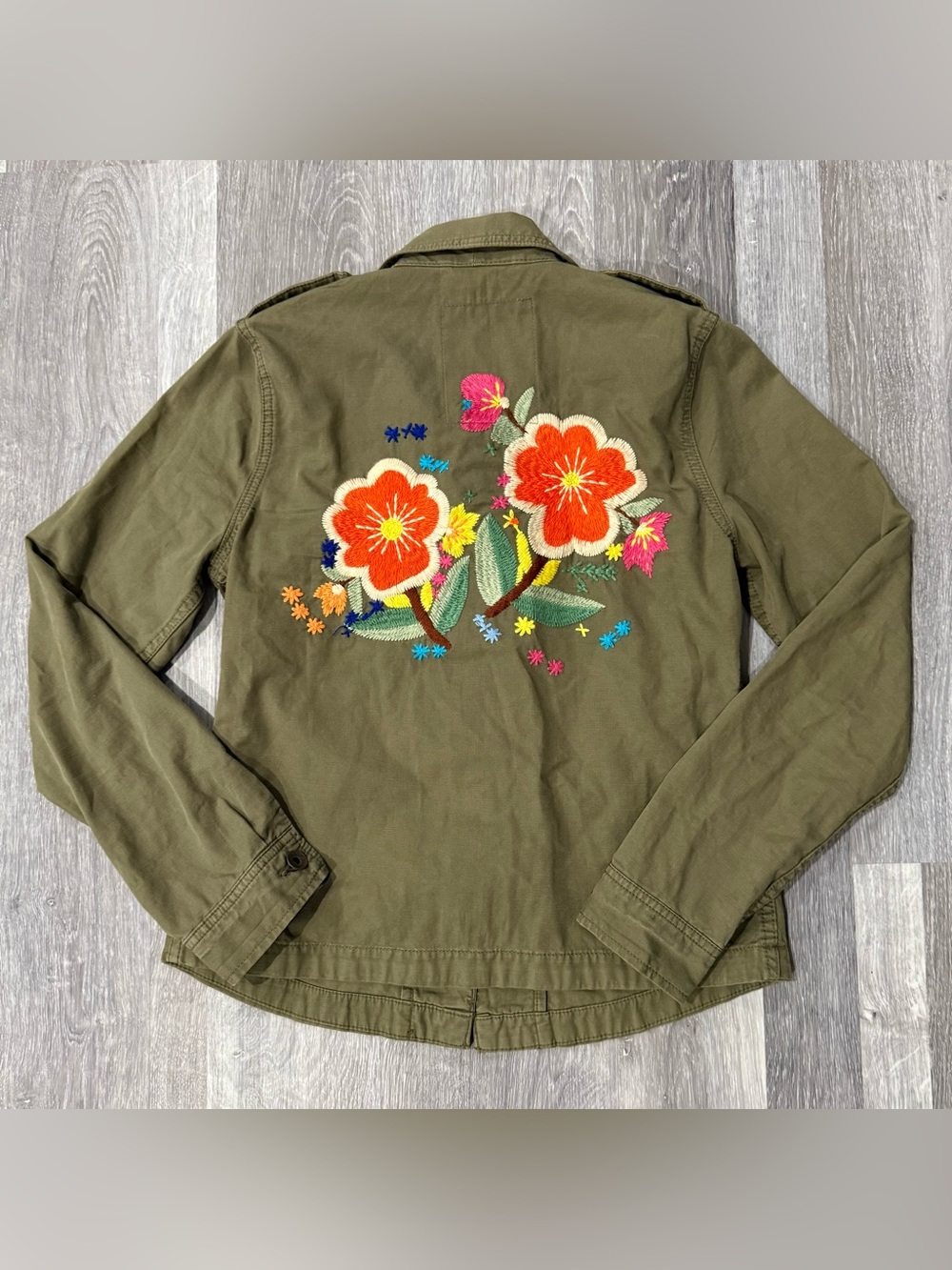 Lucky Brand Clothing Womens Green Embroidered Floral Military Jacket S/P